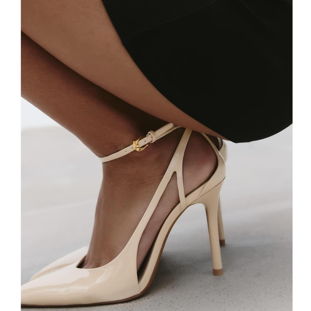 Zara Cream Patent Leather Pointed Ankle-Strap Heels